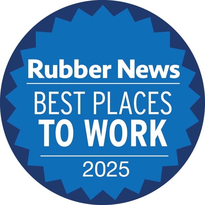 Blue badge reading "Rubber News Best Places to Work 2025".